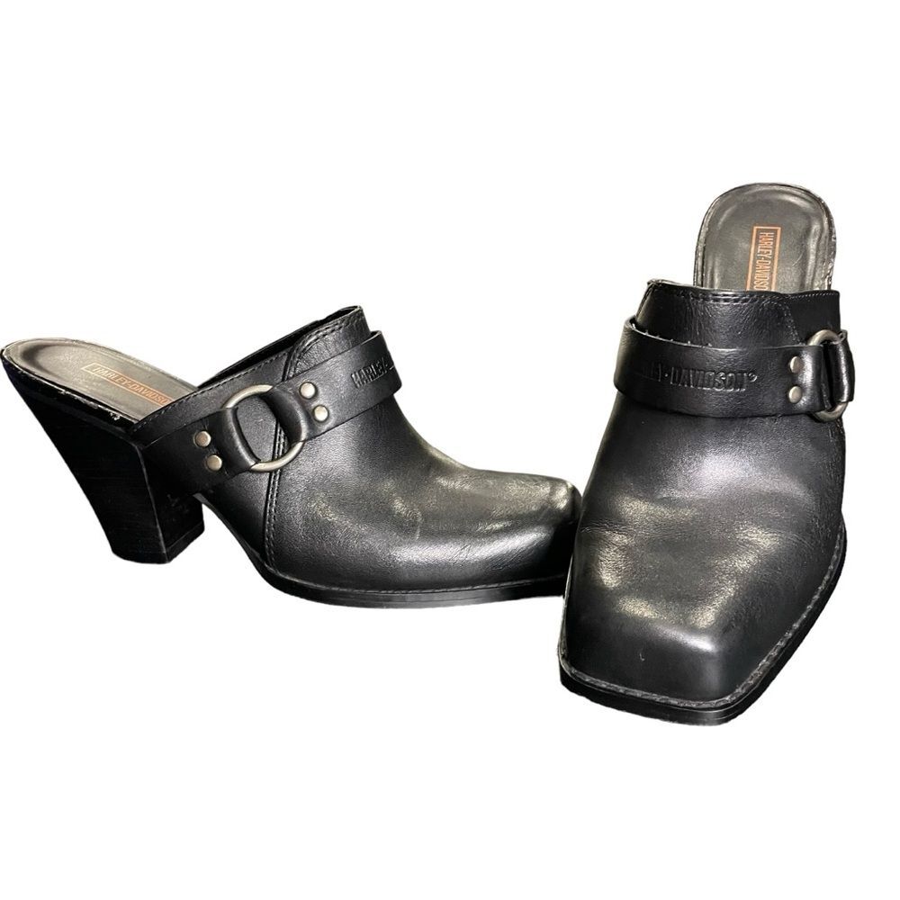Harley Davidson Heel Clog Black Leather Riding Mule Silver Accents Size 8.5